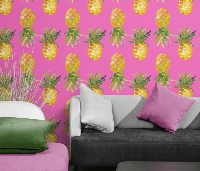 Pineapple Wallpaper. Pink, Purple, or Black Color Peel and Stick Wall Mural.