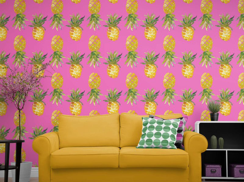 Pineapple Wallpaper. Pink, Purple, or Black Color Peel and Stick Wall Mural.