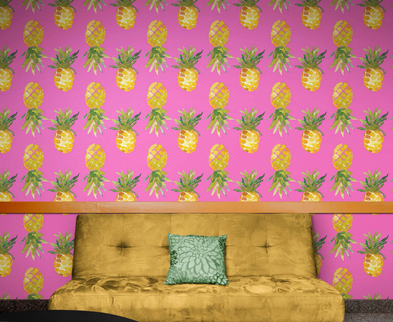 Pineapple Wallpaper. Pink, Purple, or Black Color Peel and Stick Wall Mural.