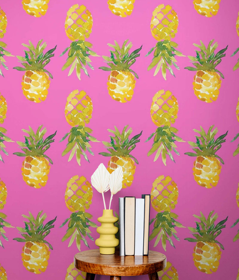 Pineapple Wallpaper. Pink, Purple, or Black Color Peel and Stick Wall Mural.