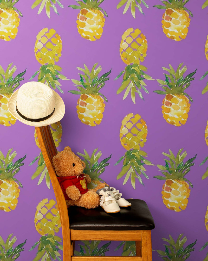 Pineapple Wallpaper. Pink, Purple, or Black Color Peel and Stick Wall Mural.