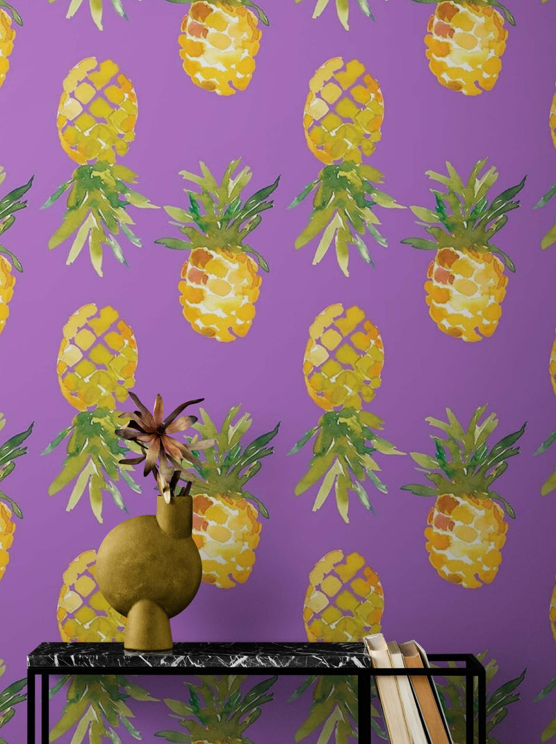 Pineapple Wallpaper. Pink, Purple, or Black Color Peel and Stick Wall Mural.