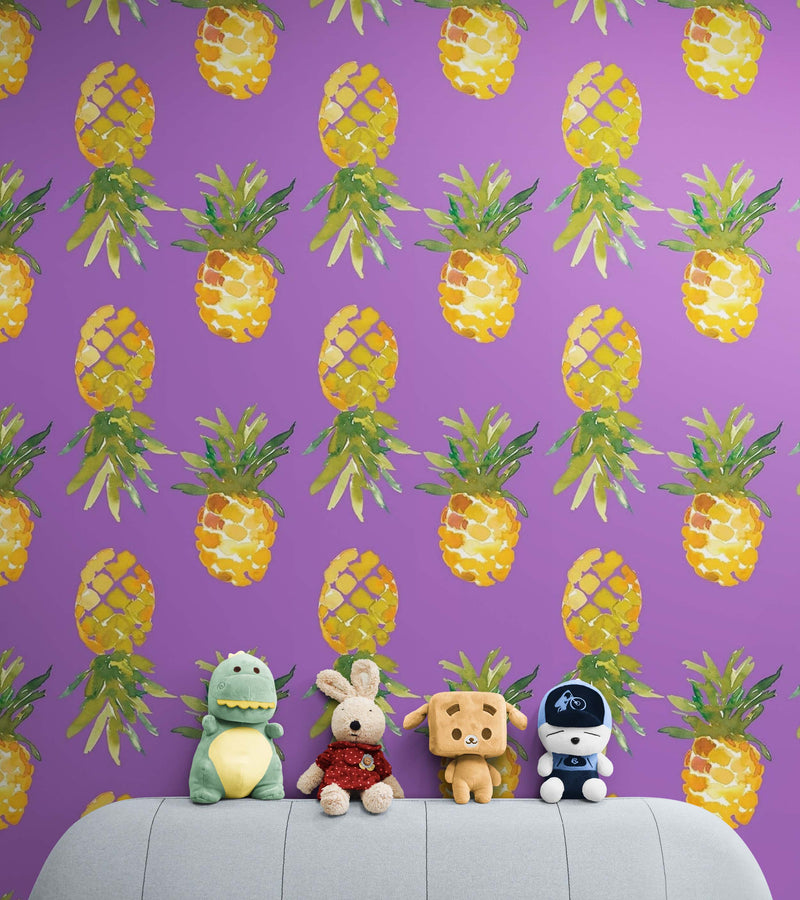 Pineapple Wallpaper. Pink, Purple, or Black Color Peel and Stick Wall Mural.