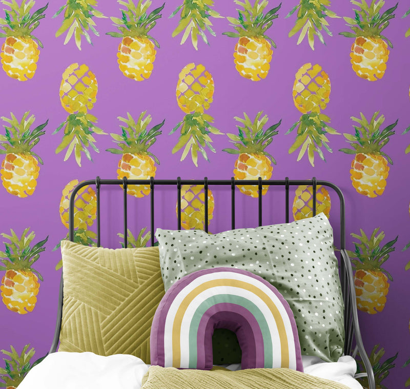 Pineapple Wallpaper. Pink, Purple, or Black Color Peel and Stick Wall Mural.