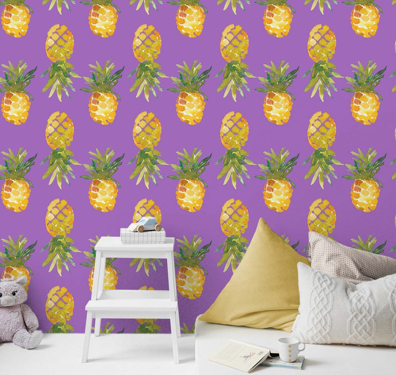 Pineapple Wallpaper. Pink, Purple, or Black Color Peel and Stick Wall Mural.