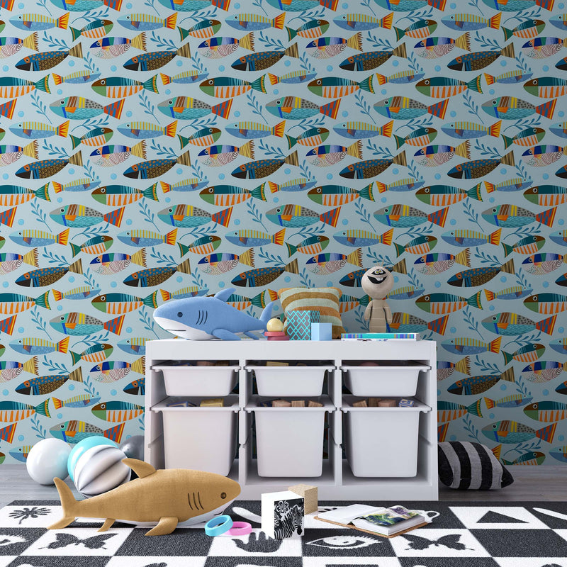 Underwater Fish Wallpaper. Colorful Tropical Fish Pattern Peel and Stick Wall Mural.