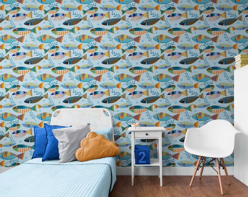 Underwater Fish Wallpaper. Colorful Tropical Fish Pattern Peel and Stick Wall Mural.