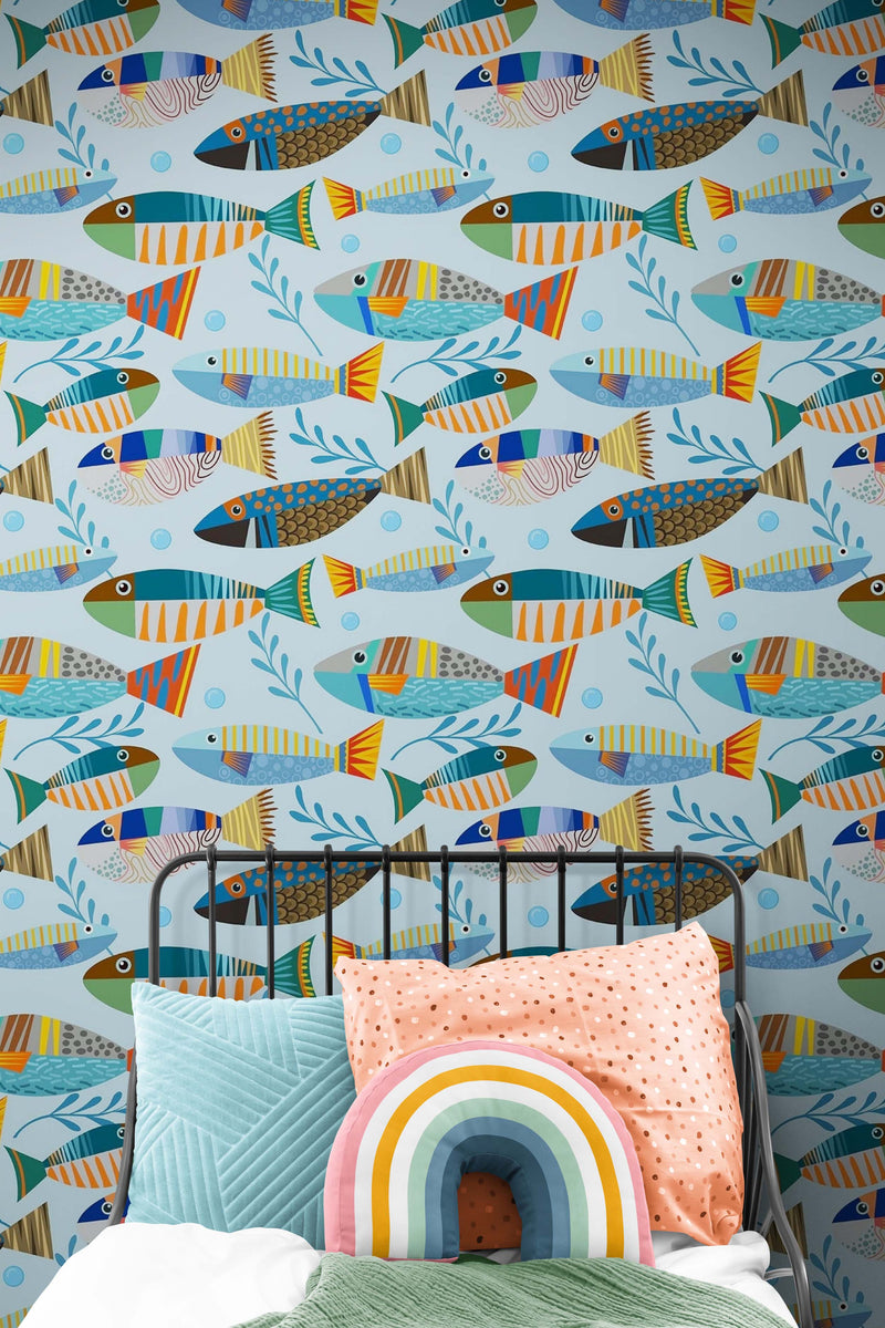 Underwater Fish Wallpaper. Colorful Tropical Fish Pattern Peel and Stick Wall Mural.