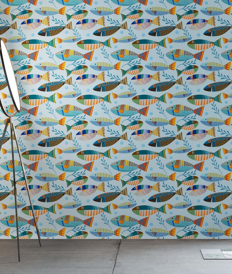 Underwater Fish Wallpaper. Colorful Tropical Fish Pattern Peel and Stick Wall Mural.