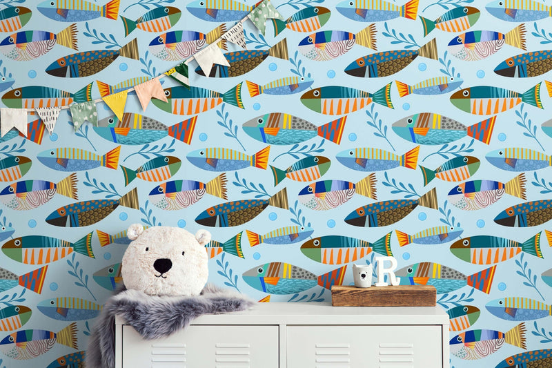 Underwater Fish Wallpaper. Colorful Tropical Fish Pattern Peel and Stick Wall Mural.