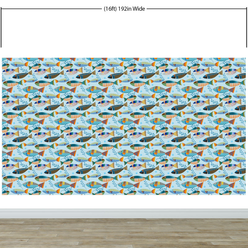 Underwater Fish Wallpaper. Colorful Tropical Fish Pattern Peel and Stick Wall Mural.