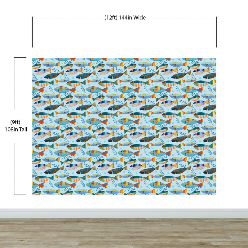 Underwater Fish Wallpaper. Colorful Tropical Fish Pattern Peel and Stick Wall Mural.