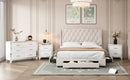 4-Pieces Bedroom Sets Queen Size Upholstered Bed with Three Drawers, High Gloss Mirrored Nightstands and Dresser with Metal handles and Legs