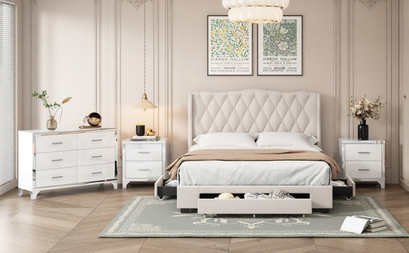 4-Pieces Bedroom Sets Queen Size Upholstered Bed with Three Drawers, High Gloss Mirrored Nightstands and Dresser with Metal handles and Legs