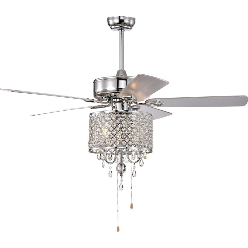 52'' Classical Crystal Ceiling Fan Lamp  3 Speed Hand Pull Chain (High, Mid, Low), 5 Reversible Blades for Living Room, Dining Room, Bedroom, Family Room, Chrome  ,3PCS*E12  (NO Include Bulb )