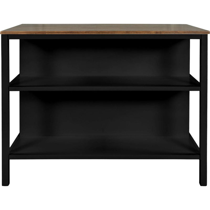 TOPMAX Solid Wood Rustic 45' Stationary Kitchen Island, Rubber Wood Butcher Block Dining Table Prep Table with 2 Open Shelves for Small Places,Walnut+Black