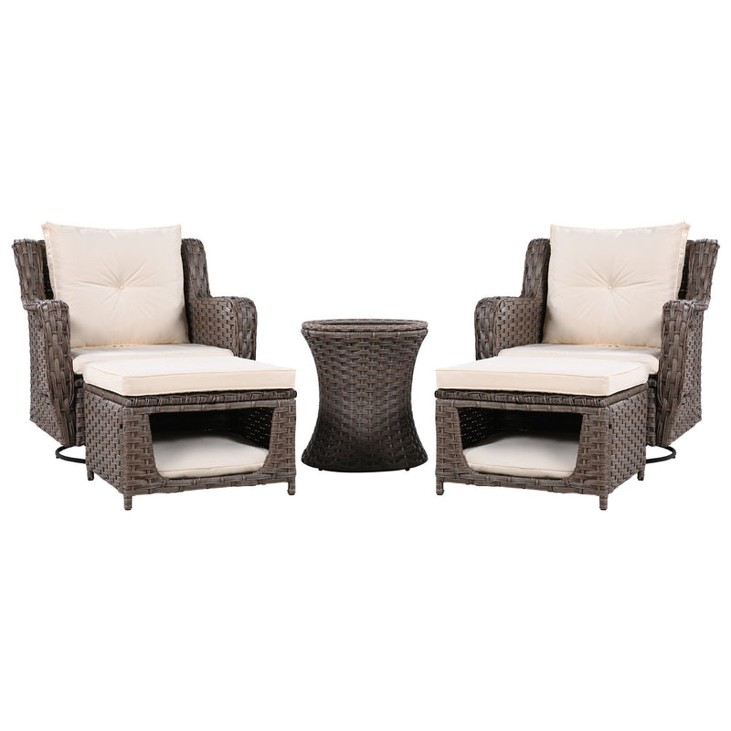 5 Pieces Outdoor Patio Furniture Set with Pet House Cool Bar and Retractable Side Tray, Rattan Wicker Patio Swivel Rocking Chairs Set of 2 with Ottomans for Backyard, Porch, Balcony, Beige