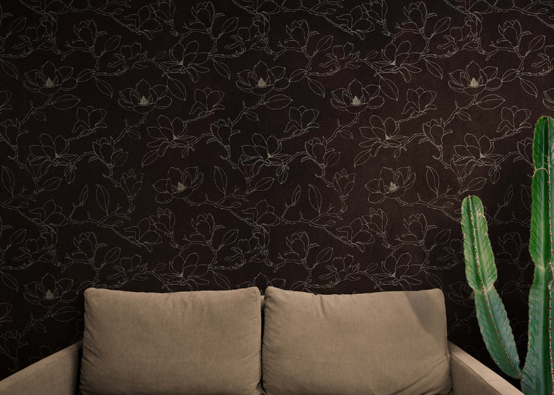 Dark Brown Wallpaper. Chinoiserie Flower Pattern Wallpaper.