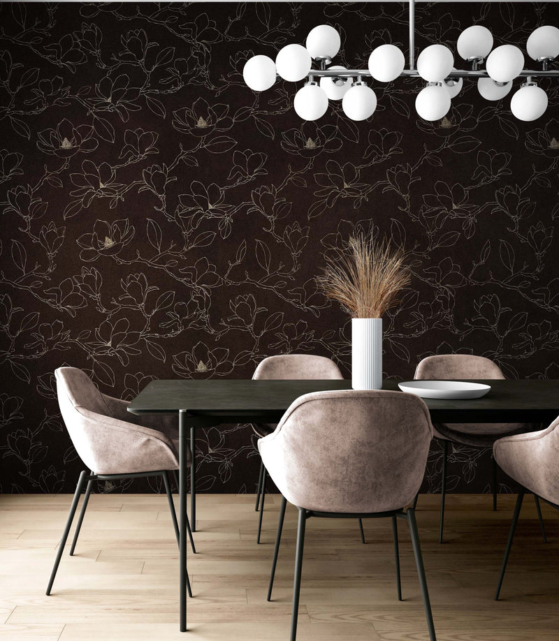 Dark Brown Wallpaper. Chinoiserie Flower Pattern Wallpaper.