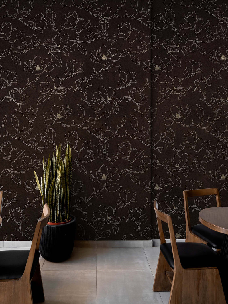 Dark Brown Wallpaper. Chinoiserie Flower Pattern Wallpaper.