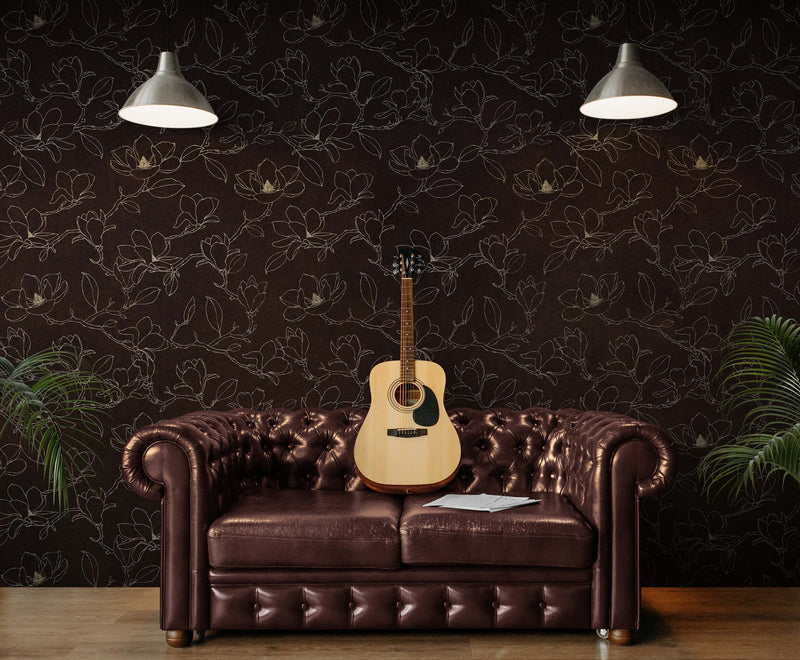 Dark Brown Wallpaper. Chinoiserie Flower Pattern Wallpaper.