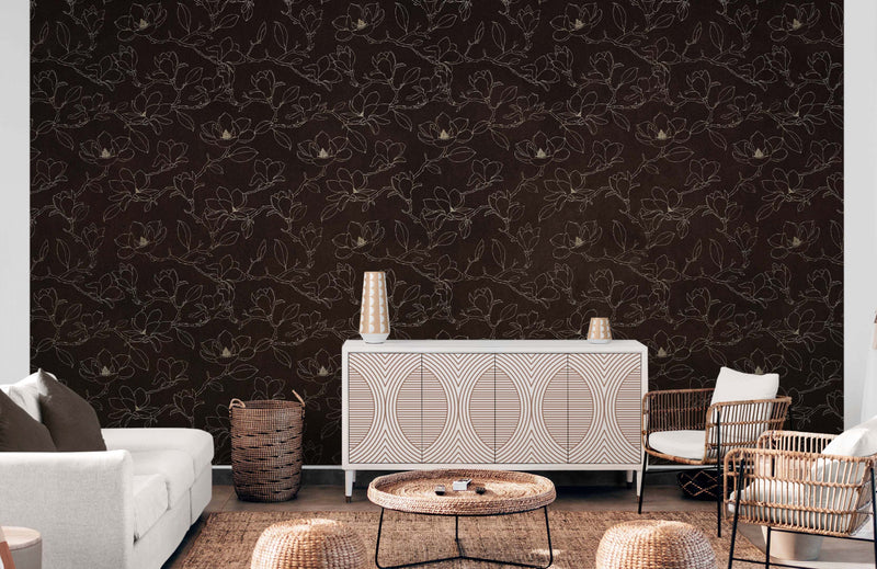 Dark Brown Wallpaper. Chinoiserie Flower Pattern Wallpaper.