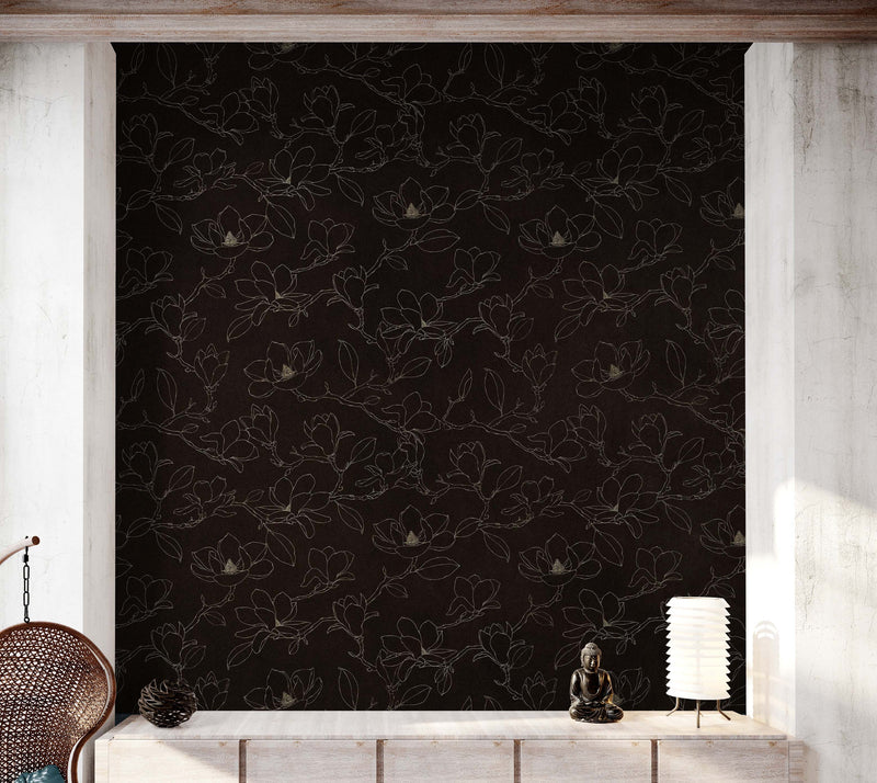 Dark Brown Wallpaper. Chinoiserie Flower Pattern Wallpaper.