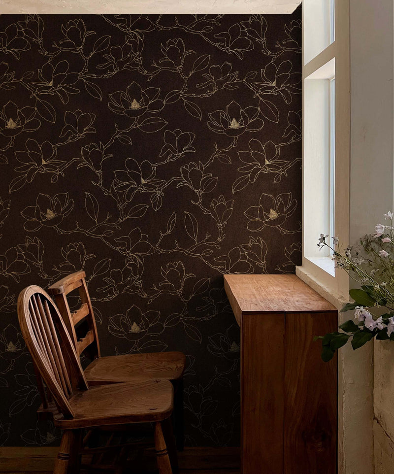 Dark Brown Wallpaper. Chinoiserie Flower Pattern Wallpaper.