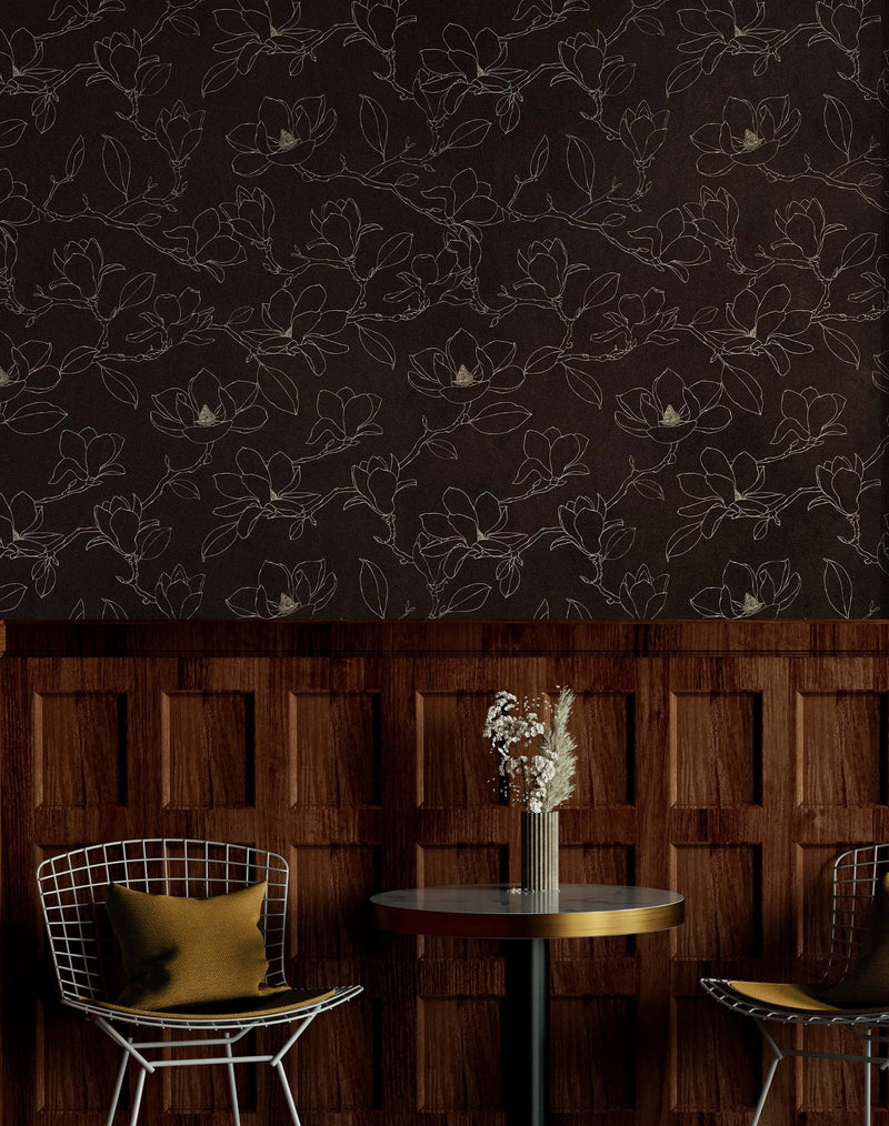 Dark Brown Wallpaper. Chinoiserie Flower Pattern Wallpaper.