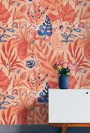 Fern Botanical Wallpaper. Colorful Orange Wall Mural.