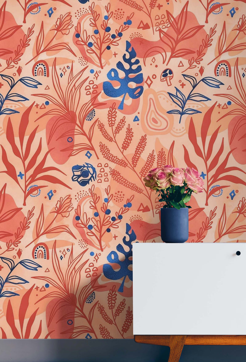 Fern Botanical Wallpaper. Colorful Orange Wall Mural.