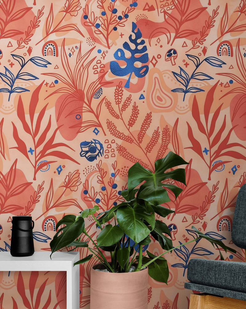 Fern Botanical Wallpaper. Colorful Orange Wall Mural.