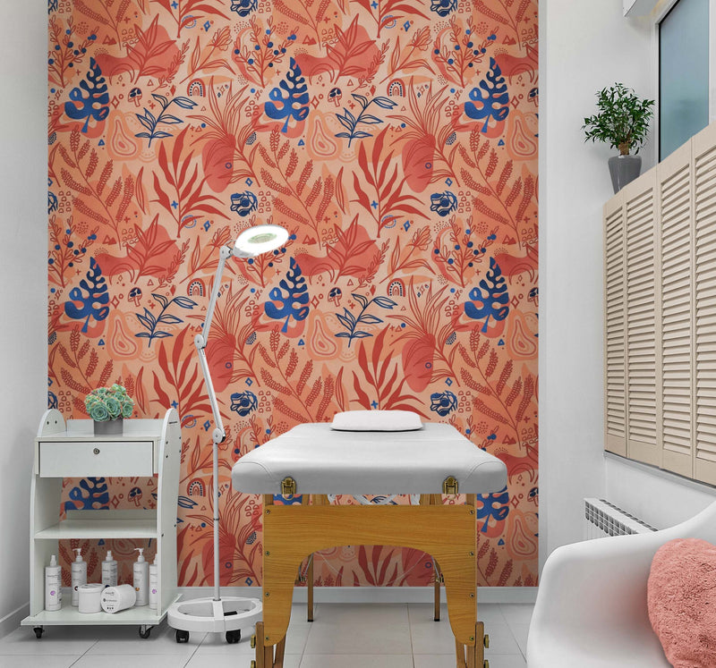 Fern Botanical Wallpaper. Colorful Orange Wall Mural.