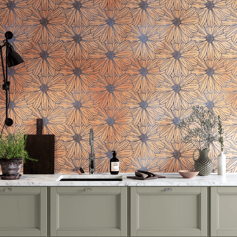 Flower Wallpaper - Botanical Wallpaper - Wildflower Nature Pattern - Floral Peel and Stick Wall Mural. Peach Color Blossom Flower Mural.