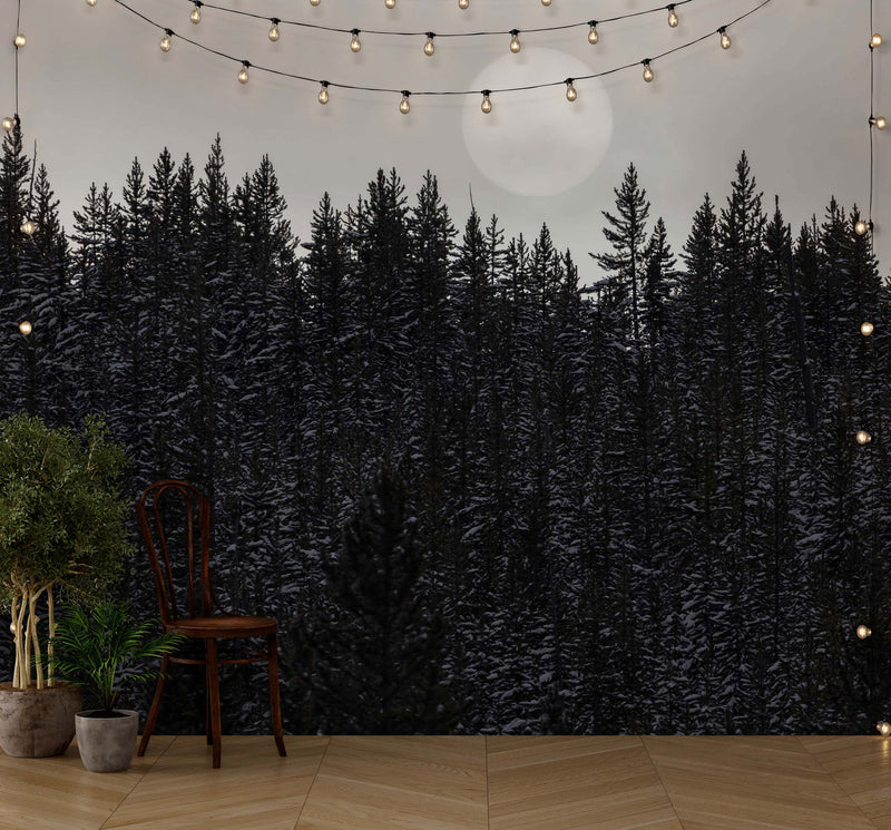 Foggy Forest Wall Mural. Peel and Stick Wallpaper. Monotone Grey Nature Wallpaper. Rain Forest Wall Mural.