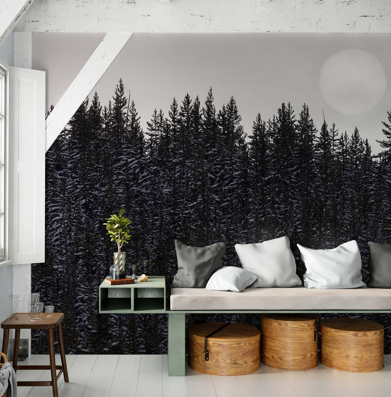 Foggy Forest Wall Mural. Peel and Stick Wallpaper. Monotone Grey Nature Wallpaper. Rain Forest Wall Mural.