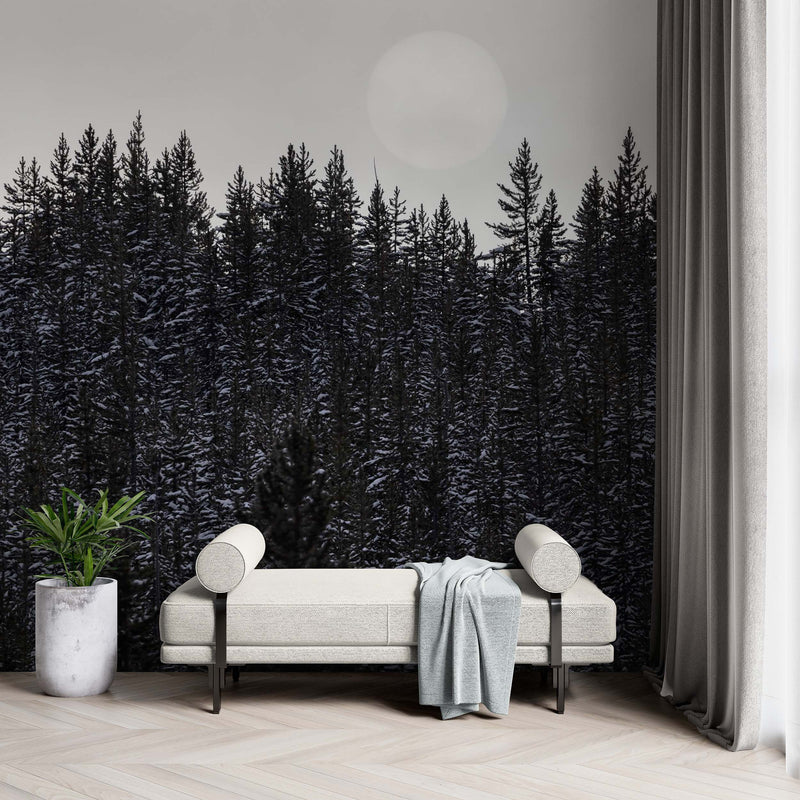 Foggy Forest Wall Mural. Peel and Stick Wallpaper. Monotone Grey Nature Wallpaper. Rain Forest Wall Mural.