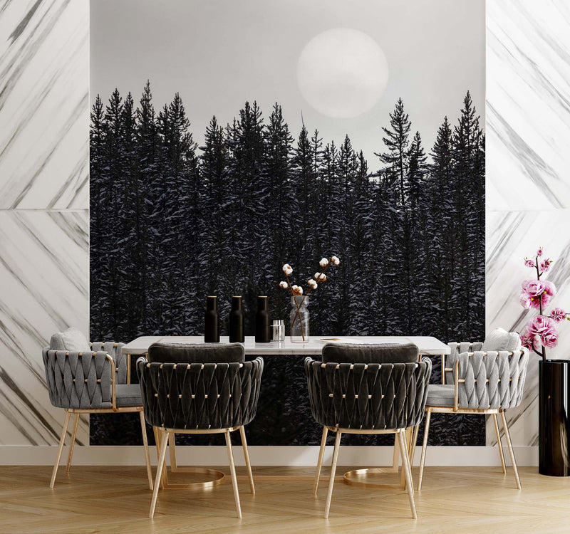 Foggy Forest Wall Mural. Peel and Stick Wallpaper. Monotone Grey Nature Wallpaper. Rain Forest Wall Mural.