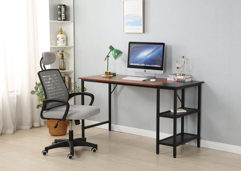 55-inch oversized computer desk, small study desk with wooden storage shelf, 2-layer industrial modern laptop desk with splicing board, (black and Rustic Brown)