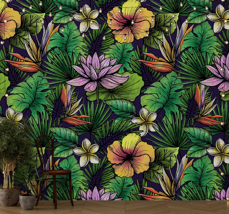 Tropical Flower Wallpaper Peel and Stick Colorful Wildflower Mural. Green Flowers and Palm Tree Leaves Design.