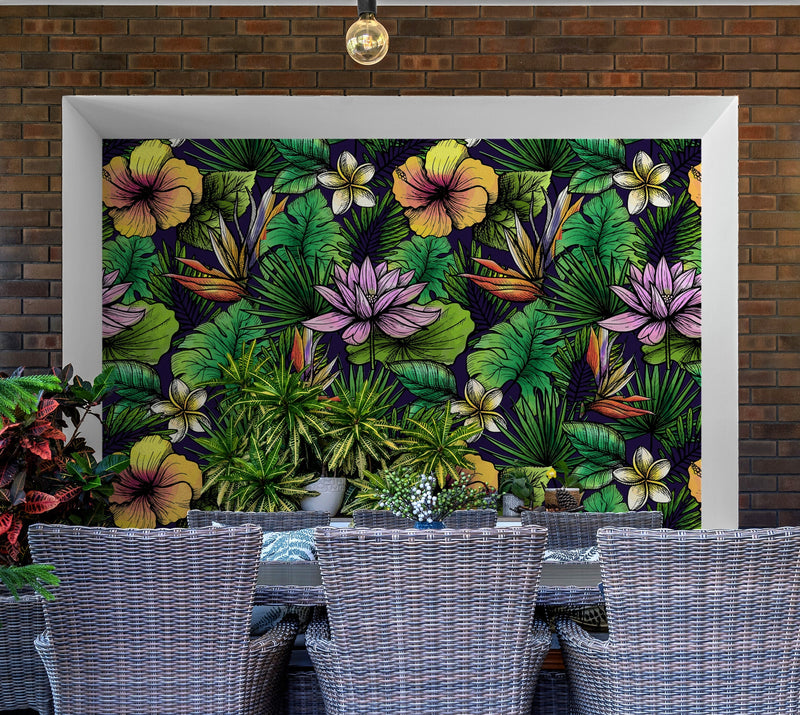 Tropical Flower Wallpaper Peel and Stick Colorful Wildflower Mural. Green Flowers and Palm Tree Leaves Design.