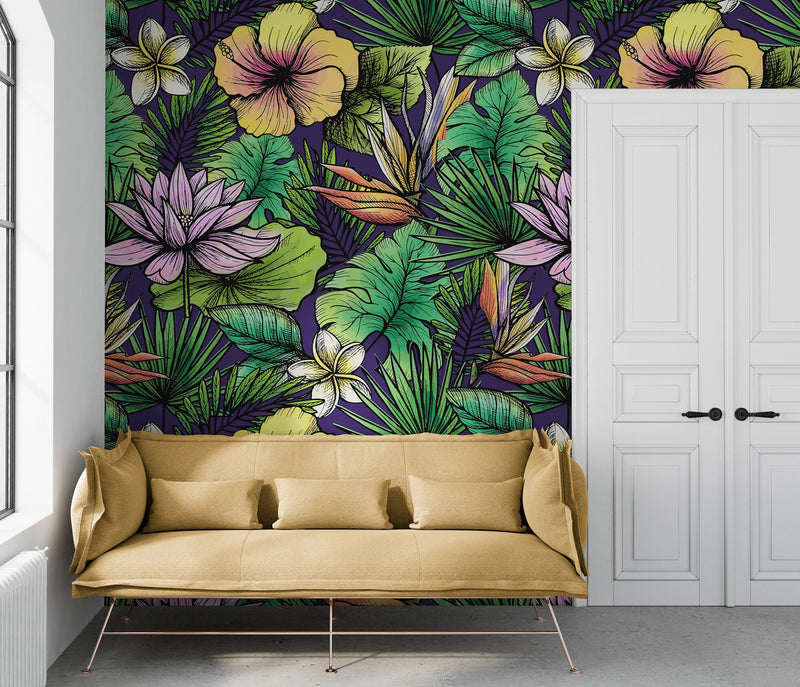 Tropical Flower Wallpaper Peel and Stick Colorful Wildflower Mural. Green Flowers and Palm Tree Leaves Design.