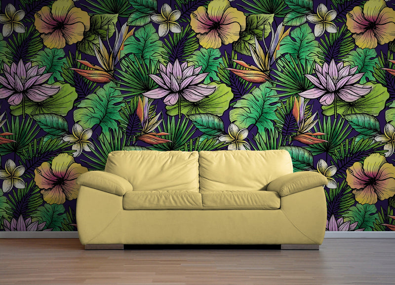 Tropical Flower Wallpaper Peel and Stick Colorful Wildflower Mural. Green Flowers and Palm Tree Leaves Design.