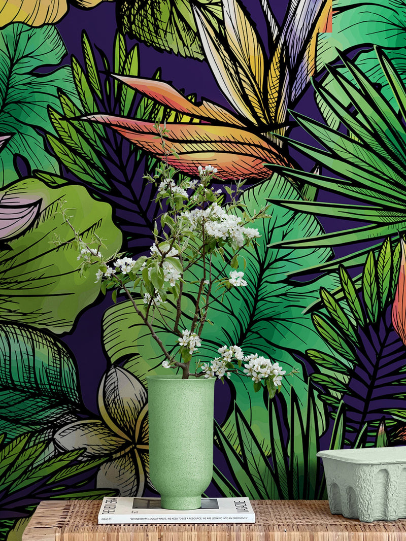 Tropical Flower Wallpaper Peel and Stick Colorful Wildflower Mural. Green Flowers and Palm Tree Leaves Design.