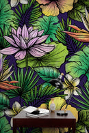 Tropical Flower Wallpaper Peel and Stick Colorful Wildflower Mural. Green Flowers and Palm Tree Leaves Design.
