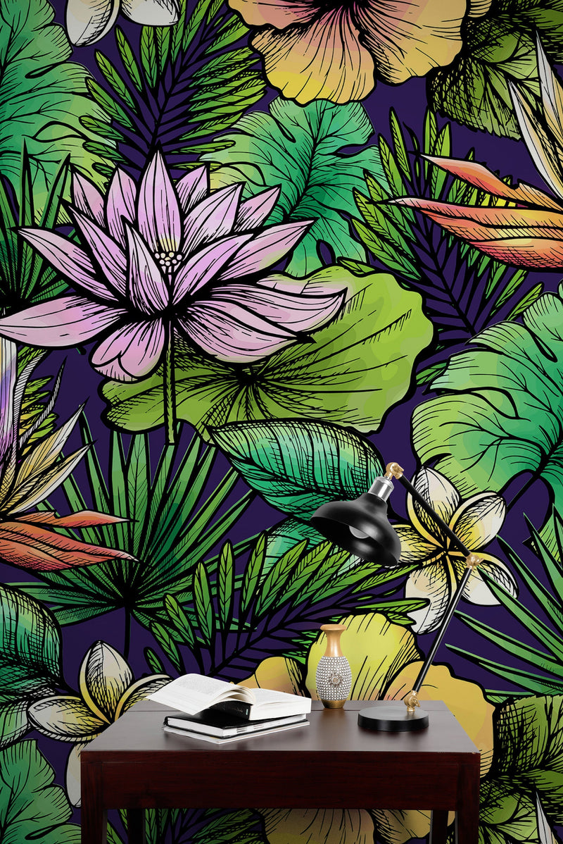 Tropical Flower Wallpaper Peel and Stick Colorful Wildflower Mural. Green Flowers and Palm Tree Leaves Design.