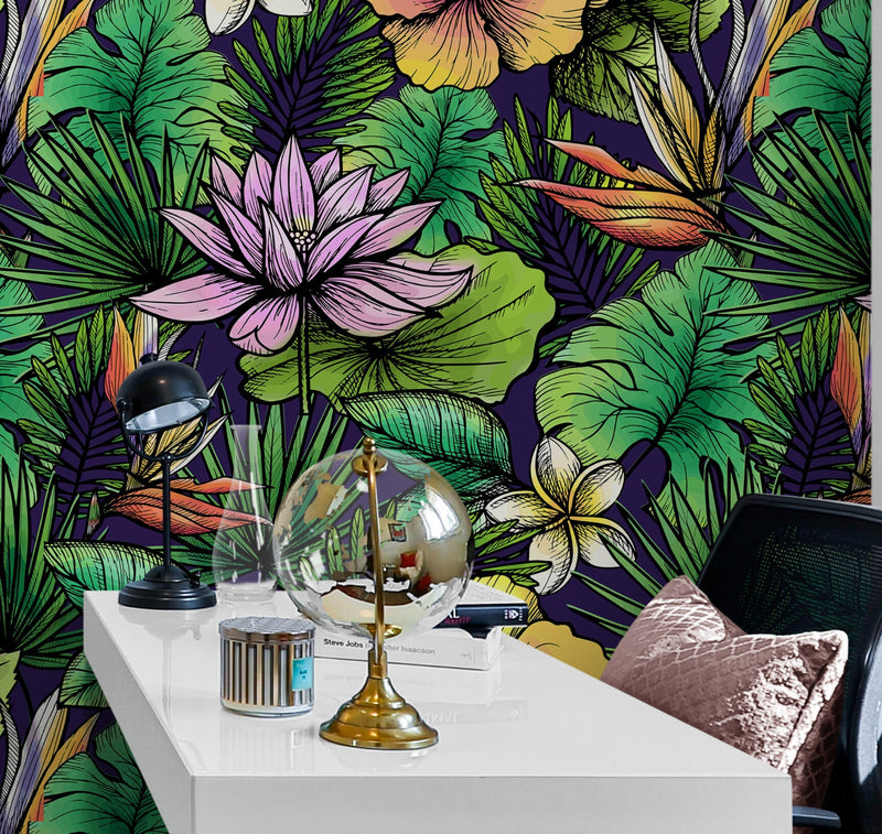 Tropical Flower Wallpaper Peel and Stick Colorful Wildflower Mural. Green Flowers and Palm Tree Leaves Design.