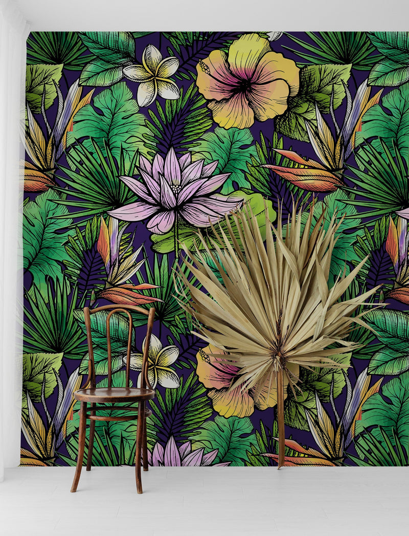 Tropical Flower Wallpaper Peel and Stick Colorful Wildflower Mural. Green Flowers and Palm Tree Leaves Design.