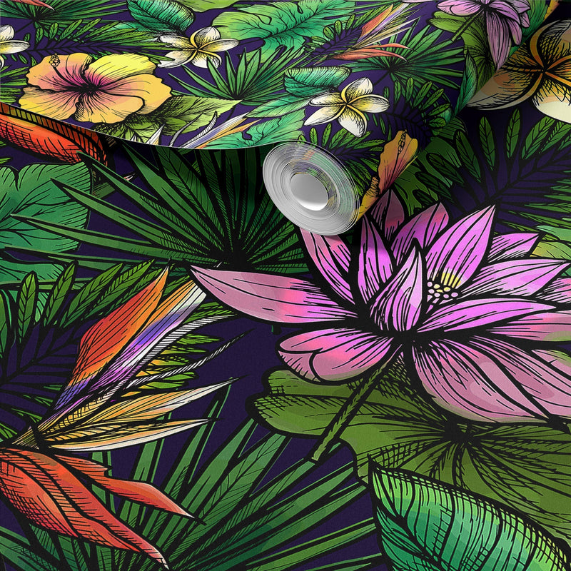 Tropical Flower Wallpaper Peel and Stick Colorful Wildflower Mural. Green Flowers and Palm Tree Leaves Design.