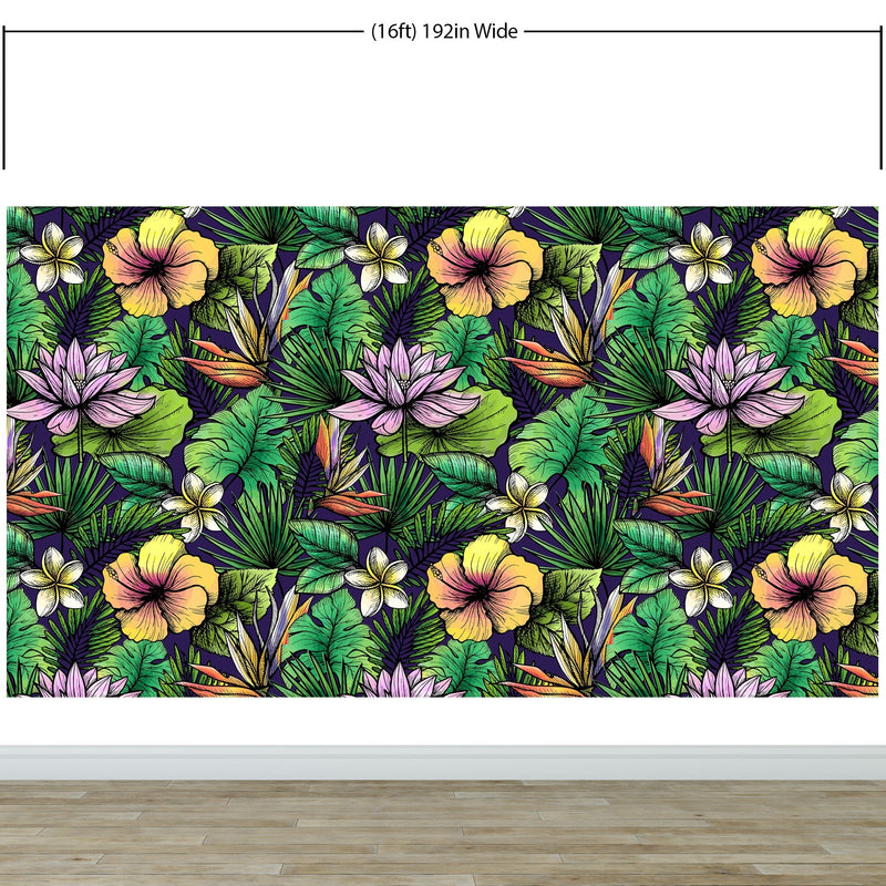 Tropical Flower Wallpaper Peel and Stick Colorful Wildflower Mural. Green Flowers and Palm Tree Leaves Design.